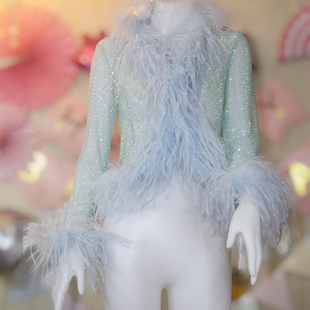 Beautiful NADINE MERABI Sparkling Feather-Trim Blazer in Soft Blue